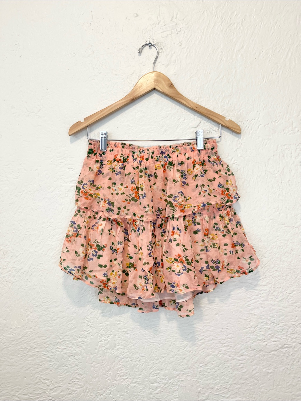 Love Shack Fancy Skirt Silk Mini Ruffle Tiered Layered Pink Peach Floral Small S